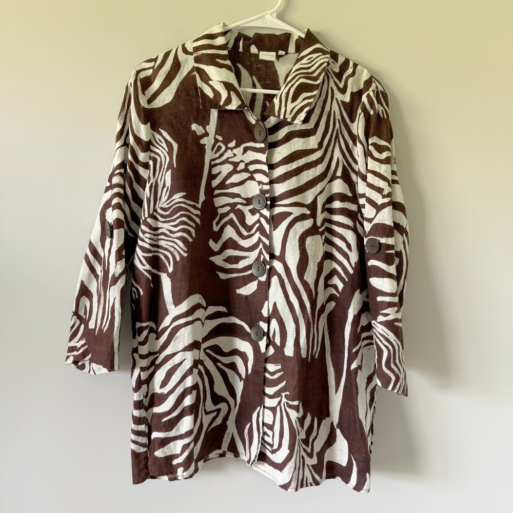 Jones New York Palm Print 100% Linen Button Shirt Brown White Tunic Top S/M READ
